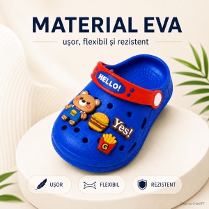 Saboți Copii Tip Crocs din Spumă EVA cu Ursuleț 3D și Accesorii Decorative, Baretă Reglabilă, Talpă Antiderapantă, Albastru - Img 4