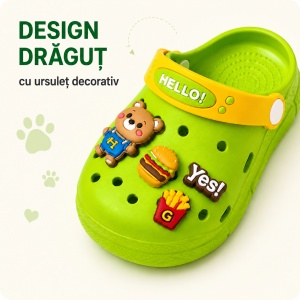 Saboți Copii Tip Crocs din Spumă EVA cu Ursuleț 3D și Accesorii Decorative, Baretă Reglabilă, Talpă Antiderapantă, Verde - Img 5