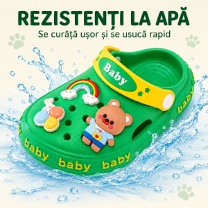 Saboți Copii Tip Crocs din Spumă EVA cu Ursuleț 3D și Curcubeu Decorativ, Baretă Reglabilă, Talpă Antiderapantă, Verde - Img 6