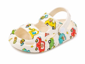 Saboți Copii Tip Crocs din Spumă, Model Decupat cu Mașinuțe Colorate, Baretă Reglabilă, Alb