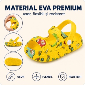 Saboți Copii Tip Crocs din Spumă, Model Decupat cu Mașinuțe Colorate, Baretă Reglabilă, Galben - Img 4