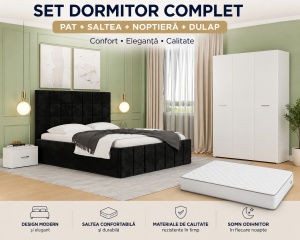SET Dormitor Silent Night Negru 160 x 200 cm + Saltea Lux Ortopedica, Arcuri Bonnell si Spuma Poliuretanica 160 x 200 cm