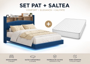 SET Pat MARIO Albastru Complet Tapitat Catifea + Saltea Lux Ortopedica, Arcuri Bonnell si Spuma Poliuretanica