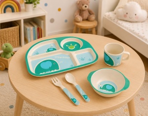 Set Pentru Diversificare Copii, Fibra Bambus, Elefant, 5 Piese, Verde - Img 2