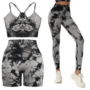 Set pentru Sala Grey/Black 3 piese, Pantalon scurt si Colanti plus Bustiera, Model Tie-Dye