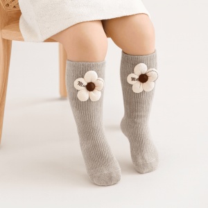Sosete pentru Copii, Gri, Model cu Floare Crem, Bumbac, 2-5 ani