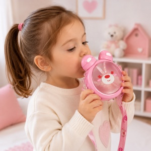 Sticla de Apa pentru Copii, cu Pai si Bareta, Plastic si Silicon, Model Ursulet, Fucsia, 500 ml - Img 3