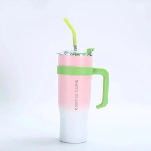 Termos pentru Adulti, cu Maner si Pai, Otel Inoxidabil, Roz, 1.2 L