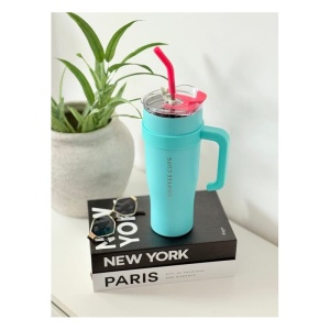 Termos pentru Adulti, cu Maner si Pai, Otel Inoxidabil, Turquoise, 1.2 L - Img 2