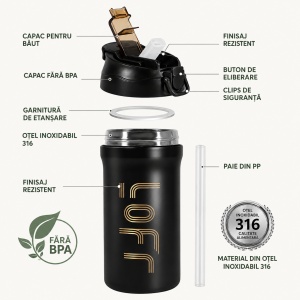 Termos pentru Adulti, cu Pai, Negru mat, 600 ml - Img 2