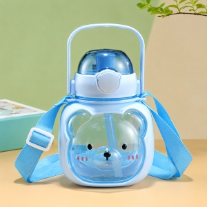 Termos Pentru Copii, cu Pai, Bareta si Maner, Model Urs, Bleu, Plastic, 500ml