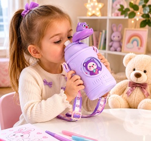 Termos pentru Copii, cu Pai si Bareta, Mov, Model Urs, 500 ml - Img 4