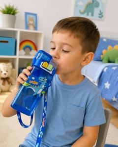 Termos Pentru Copii, Model 2 in 1, cu Bareta si Maner, Dinozaur Albastru, 500 ml - Img 4