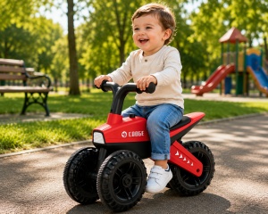 Tricicletă fără Pedale pentru Copii Tip ATV, cu Ghidon, Șezut și 3 Roți Late, Rosu-Negru,12 luni + - Img 2