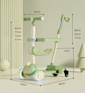 Trotinetă Copii 3 în 1, Verde Pastel, Roti cu Lumini LED, Șezut și Mâner Reglabil, Model Dinozaur - Img 2