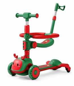 Trotinetă Copii 3 în 1, Verde-Roșu, Roti cu Lumini LED, Șezut și Mâner Reglabil, Model Ren