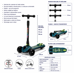 Trotinetă Copii 3 Roți, Verde, Lean to Steer, Pliabilă, Ghidon Reglabil, Roți LED - Img 2