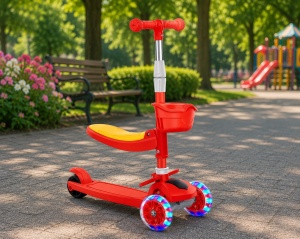 Trotineta Pliabila 2 in 1, cu Sezut Rabatabil, Cosulet si Luminite, Rosu, 2 ani+ - Img 3