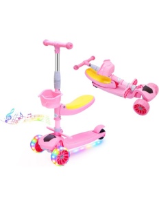 Trotineta Pliabila 2 in 1, cu Sezut Rabatabil, Cosulet si Luminite, Roz, 2 ani+ - Img 2