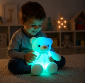 Ursulet de Plus Luminos, cu Lumini LED, Colorate, Lumina de Veghe, Pufos, Albastru, 30 cm