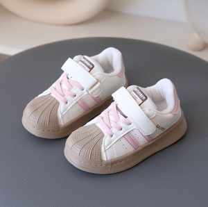 Adidași Copii Tip Superstar, cu Scai și Șireturi, Talpă Antiderapantă, Model Casual Sport, Alb cu Roz și Crem - Img 3