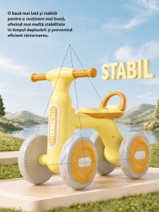 Bicicletă de Echilibru pentru Copii cu Lumini și Muzică, 4 Roți, Galben, 1-4 Ani - Img 3