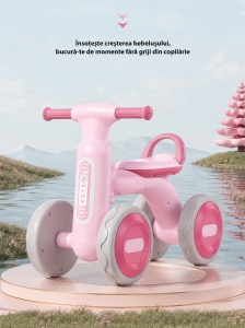 Bicicletă de Echilibru pentru Copii cu Lumini și Muzică, 4 Roți, Roz, 1-4 Ani - Img 2