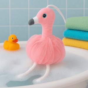 Burete de Baie Exfoliant, din Plasa, Model Flamingo, cu Sistem de Prindere, Crem