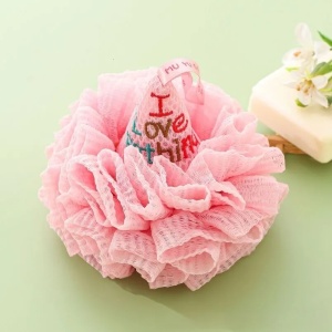 Burete de Baie Exfoliant, din Plasa, Model I love Bathing, cu Sistem de Prindere, Roz