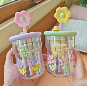 Cana cu Pai din Sticla, Roz, Model cu Flori, 500 ml - Img 2