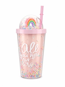 Cana cu Pai, Model cu Bomboane, Plastic, Roz, 500 ml