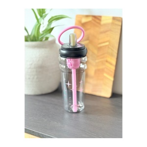 Cana cu Pai, model cu Stelute, cu Maner, Plastic, Roz, 500 ml - Img 2