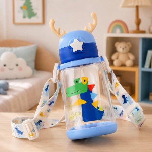 Cana cu Pai pentru Copii, cu Bareta, Plastic, Model Dinozaur, Albastru, 600 ml