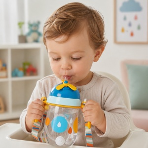 Cana cu Pai pentru Copii, cu Elice si Bareta, Albastru, Plastic, 300 ml - Img 2