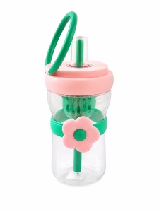 Cana cu Pai Pentru Copii, Model Floare, Plastic, Verde, 500 ml