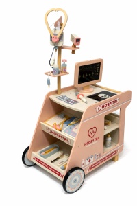 Cărucior Medical din Lemn pentru Copii, Set doctor de jucărie, joc de rol educativ, Roz, 2ani+