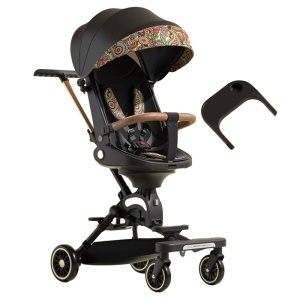 Carucior Sport, 2 in 1 cu Masuta, Reversibil, cu Pozitie de Somn, Tavita Pentru Masa, Parasolar Negru cu Imprimeu Florat