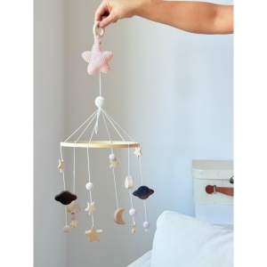 Carusel Patut Bebelusi, Lemn si Bumbac, Crosetate, Mobil, Multicolor, Steluta Roz - Img 2