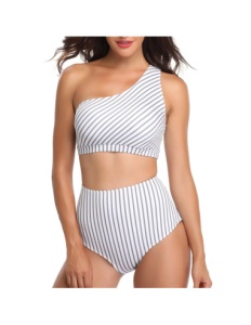 Costum de Baie Dama Doua Piese cu Chilot Inalt Alb cu Dungi