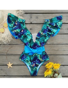 Costum de Baie, Intreg, cu Volane, Imprimeu Hawaii Blue