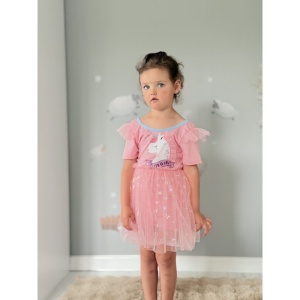 Costum de Baie Intreg pentru Copii, Model Salopeta cu Fustita din Tull, Pink Unicorn, 49 cm