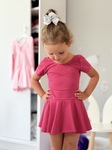 Costum pentru Dans/Gimnastica, Body cu Fustita, Inchidere prin Capse, Maneca Scurta, Fucsia - Img 2