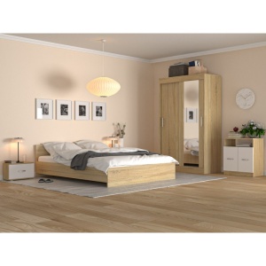 Dormitor Serenity Sonoma/Alb, Dressing 120 cm cu Oglinda, Pat, Doua Noptiere, Comoda Tv, 160x200 cm