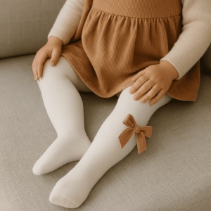 Dres cu Talpa pentru Copii, Alb, Model cu Funda Crem, Bumbac Gros