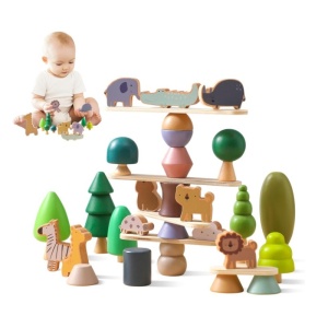 Jucarie de Stivuire Montessori, Animale, Padure si Forme Geometrice, Lemn, 36 Piese, 3 ani +