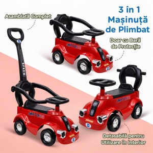 Mașinuță Copii 3 în 1 Ride On, Roșu, cu Mâner Părinte, Bară de Protecție 360°, Volan Interactiv - Img 3