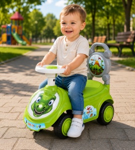 Mașinuță de Împins pentru Copii cu Model Dinozaur, Volan și Spătar cu Mâner, 4 Roți, Verde,12 luni + - Img 2