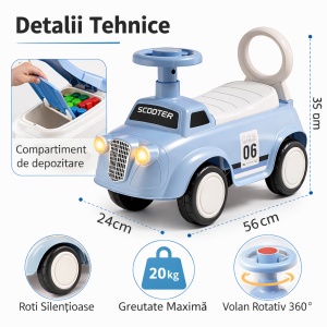 Mașinuță Fără Pedale pentru Copii Bleu, cu Spațiu de Depozitare, Faruri Luminoase și Volan 360° – Ride On Copii 1-3 Ani - Img 2