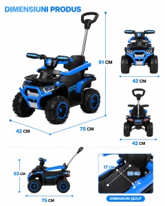 Mașinuță Ride-On ATV 4x4 pentru Copii cu Mâner de Împingere, Albastru - Img 3