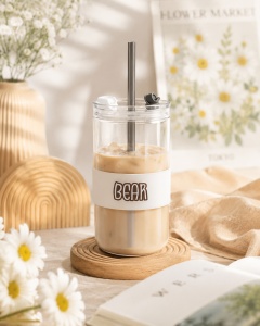 Pahar cu Pai, din Sticla, Model Bear Maro, 350 ml